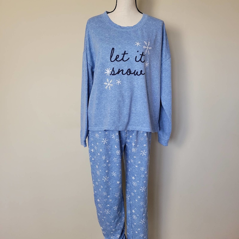 Merry Lane Size XXL Let It Snow 2 Pc PJ Set Snowflake Print Elastic Waist Blue